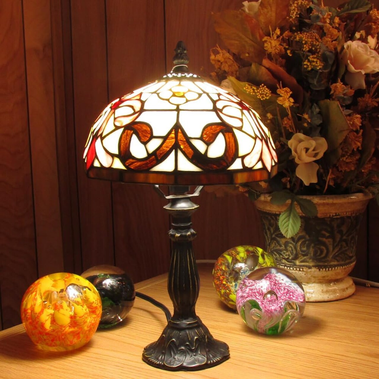 Pink/Amber Fleur-de-lis Genuine Stained Glass Shade & Lamp Base - Perfect for a Living Room, Bedroom, Office, & More